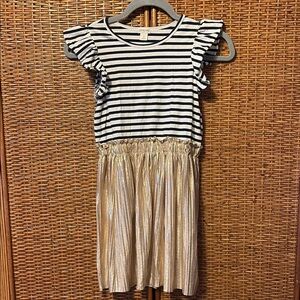 Crewcuts navy and White Ruffled dress with gold fortuny attached skirt NWOT sz8